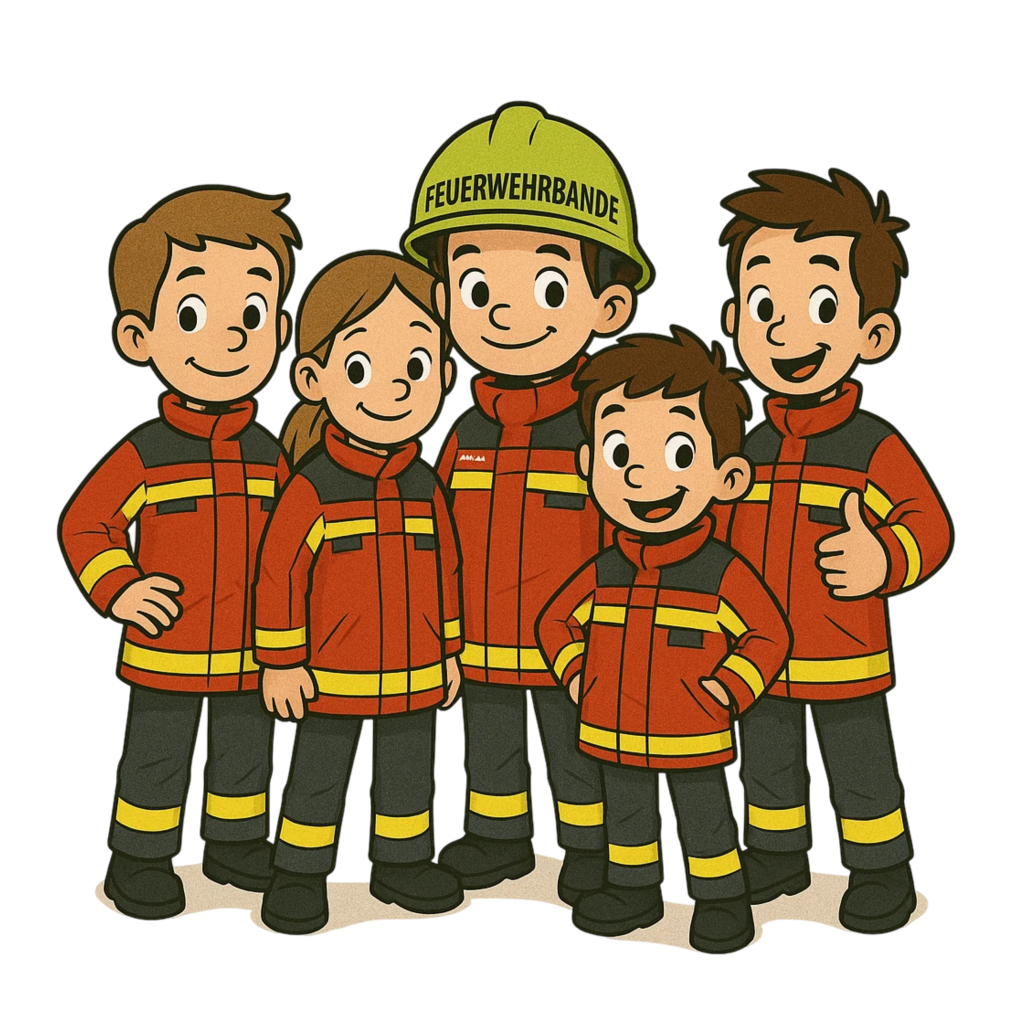 Die Feuerwehrbande als illustrierte Kindergruppe in Feuerwehrkleidung